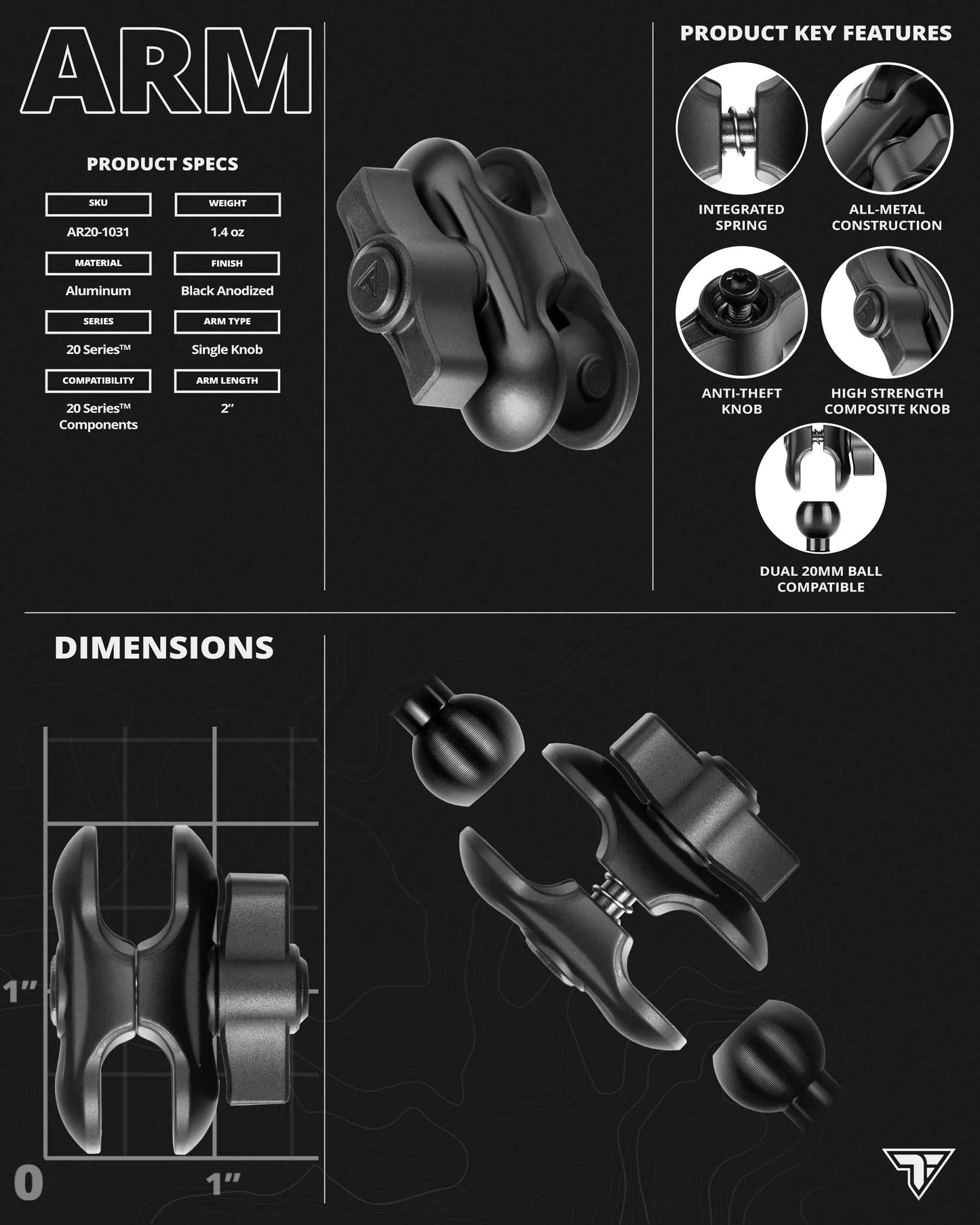 Black 20 Series 2" Long Anti-Theft Knob Arm